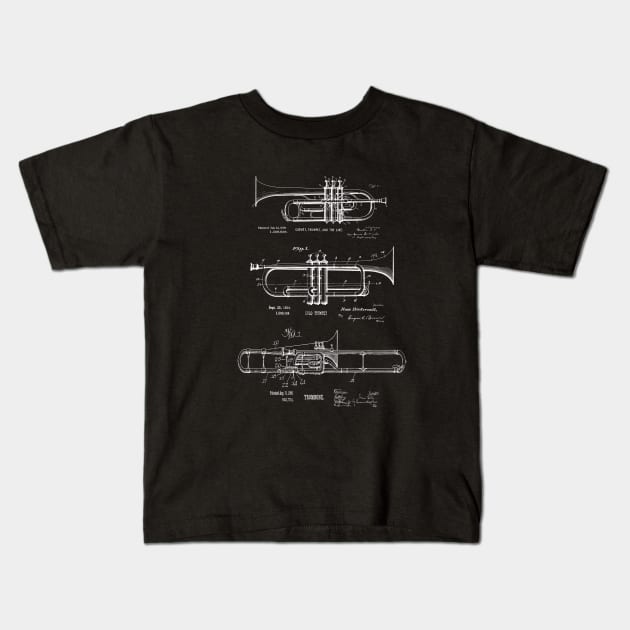 Trumpet, Cornet, Trombone Vintage Patent Prints Kids T-Shirt by MadebyDesign